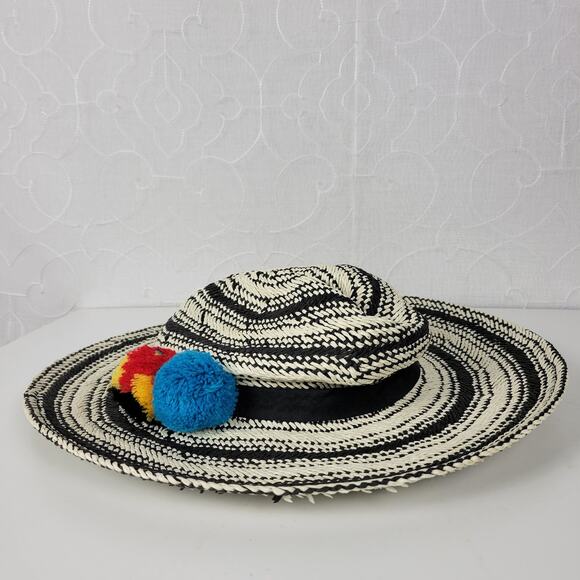 Hinge Two Tone Panama Hat Black White Wide Brim Woven Straw Pom Pom Summer NWOT - Picture 9 of 16